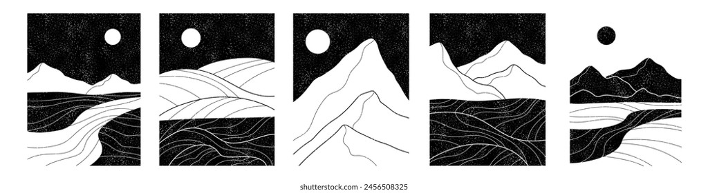 Abstract boho mountains. Natural linear background. Vector silhouette landscape. Night, moon, hills