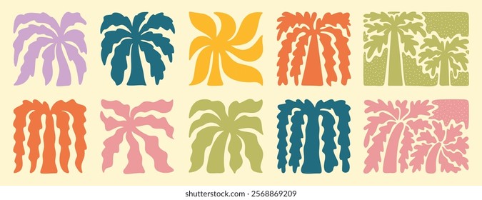 abstract boho palm tree tropical art set. retro groovy wavy summer palms. vector square tropical icons in hand drawn style for logo, print, poster, social media. Vector illustration