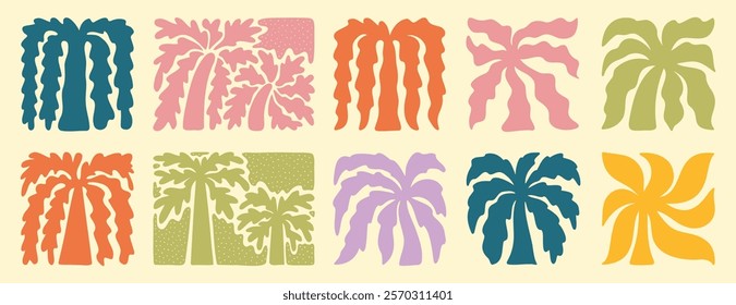 abstract boho palm tree tropical art set. retro groovy wavy summer palms. vector square tropical icons in hand drawn style for logo, print, poster, social media. Vector illustration