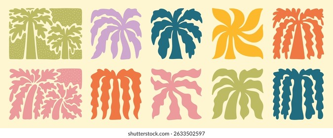 abstract boho palm tree tropical art set. retro groovy wavy summer palms. vector square tropical icons in hand drawn style for logo, print, poster, social media. Vector illustration