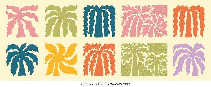 abstrato boho palm tree tropical art set. retro groovy palmas onduladas de verão. vetor quadrado ícones tropicais em estilo desenhado à mão para logotipo, impressão, cartaz, mídia social. Ilustração vetorial
