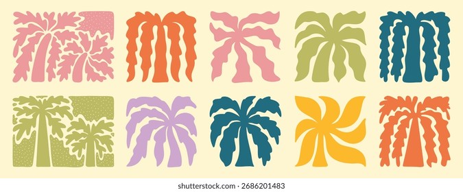abstrato boho palm tree tropical art set. retro groovy palmas onduladas de verão. vetor quadrado ícones tropicais em estilo desenhado à mão para logotipo, impressão, cartaz, mídia social. Ilustração vetorial
