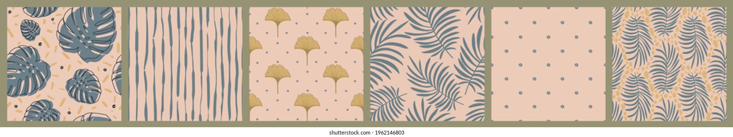 Abstract Boho pattern Set. Modern seamless pattern with Monstera, Ginkgo and Fern leaves, polka dot, stripes for art print, textile, Boho Wallpaper decor. Hand-drawn vector illustration. Flat design.
