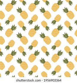 Resumen de piñas boho patrón amarillo verde sin costuras sobre frutos dibujados a mano de fondo blanco para el diseño textil, decoración doméstica, niños, cubiertas, afiche, ilustración vectorial de tarjeta