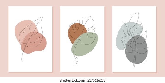 abstraktes Boho-Poster mit Blättern, Blumen und organischen Formen. abstrakte Illustration mit Blatt und Stein. Stock-Vektorgrafik.