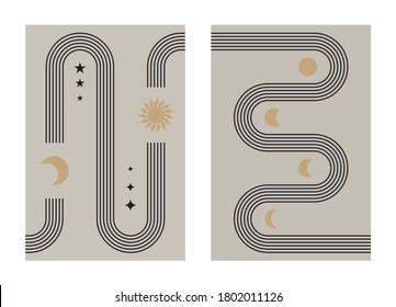 Abstract Boho Poster Set. Contemporary Line Design With Sun And Moon Phases Trendy Bohemian Style. Modern Vector Illustration.