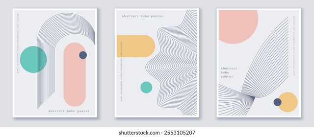 Conjunto de carteles boho Abstractas. Patrones de figuras geométricas simples. Creatividad minimalista y arte. Plantilla para volantes y folletos. Colección plana del Vector aislada en el fondo blanco