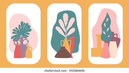 Abstract boho posters with vases and tropical plants vector illustration