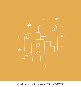 Abstract boho print of old houses with stairways. Bohemian scene. Modern hand drawn art. Vector illustration.