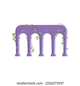 Abstract boho purple arch with leafe vines. Vector illustration of minimalist arch with geometric style. Cartoon minimal arch with leaves isolated on white background. Geometry, city concept