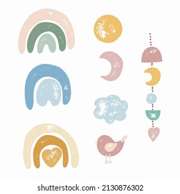 abstrakter Boho Regenbogen, minimalistischer Bogen und hängender Tropfen. Wolke, Mond, Sonne. Kinderzimmer und Babyzimmer. Stock moderne, handgezeichnete, handgezeichnete, flache Illustration einzeln auf weißem Hintergrund.