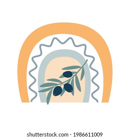 Abstract boho rainbow with olive branch isolated on white background. Vector flat illustration. Scandinavian style clipart for modern prints, greeting cards, posters, wall art. 