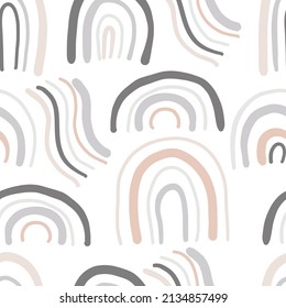 abstract boho rainbow seamless pattern, minimalist arch. nursery and baby room pattern. stock modern trendy hand drawn flat illustration on white background.