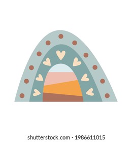 Abstract  boho rainbow with shapes, dots, hearts  isolated on white background. Vector flat illustration. Scandinavian style clipart for modern prints, greeting cards, posters, wall art. 