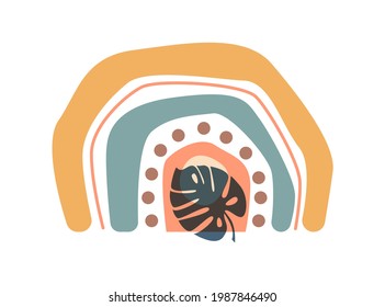 Abstract  boho rainbow with shapes, monstera, dots  isolated on white background. Vector flat illustration. Scandinavian style clipart for modern prints, greeting cards, posters, wall art. 