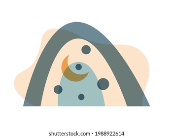 Resumen arco iris boho con formas, luna aislada en fondo blanco. Ilustración plana vectorial. Clipart de estilo escandinavo para impresiones modernas, tarjetas de felicitación, carteles, arte mural. 