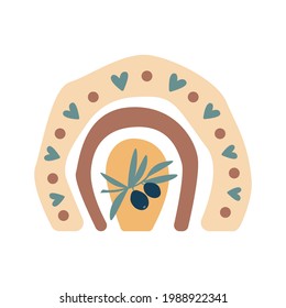 Resumen arco iris boho con formas, rama de olivo, corazones aislados en fondo blanco. Ilustración plana vectorial. Clipart de estilo escandinavo para impresiones modernas, tarjetas de felicitación, carteles, arte mural. 