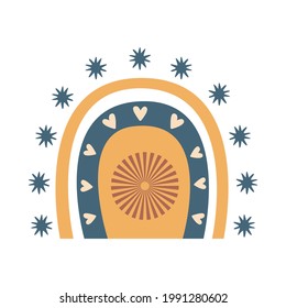 Abstract  boho rainbow with shapes, stars, hearts  isolated on white background. Vector flat illustration. Scandinavian style clipart for modern prints, greeting cards, posters, wall art. 