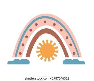 Abstract  boho rainbow with sun, clouds, hearts  isolated on white background. Vector flat illustration. Scandinavian style clipart for modern prints, greeting cards, posters, wall art. 