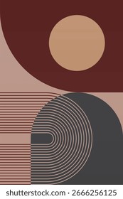 Abstract boho retro wall art with geometric shapes in warm brown tones. Boho geometric retro arch wall print
