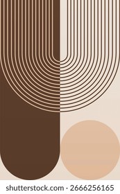 Abstract boho retro wall art with geometric shapes in warm brown tones. Boho geometric retro arch wall print