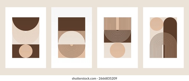 Abstract boho retro wall art with geometric shapes in warm brown tones. Boho geometric retro arch wall print