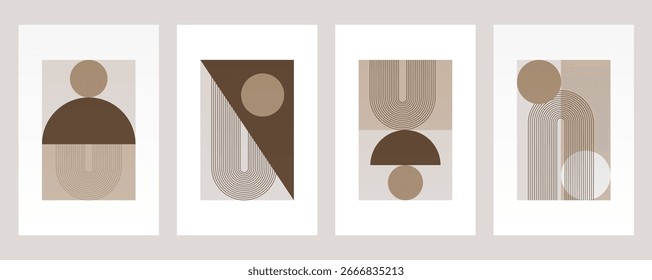 Abstrato boho retro arte de parede com formas geométricas em tons mornos de marrom. Boho geométrica arco parede impressão