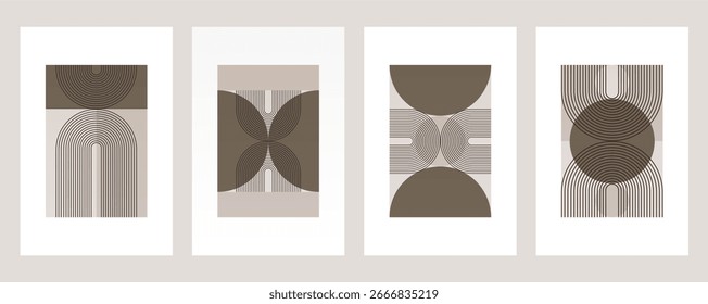 Abstract boho retro wall art with geometric shapes in warm brown tones. Boho geometric retro arch wall print