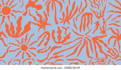 Abstract boho seamless pattern with flowers, sun, palm tree, leaves. Summer sunset texture. Wavy naive children's, art lines. Blue background, organic orang elements. Vector illustration.