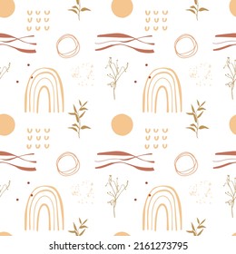 Abstract boho seamless pattern with tropical leaves, lines, ovals, rainbow and dots. Vector illustration of beige, green and brown colors for textiles.