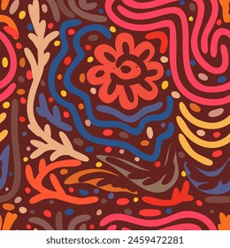 Abstract boho seamless vector floral pattern. Blue, orange, yellow, beige and pink simple floral elements on warm brown background.