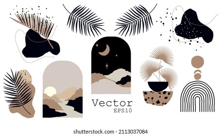 Abstract boho shapes collection rainbow, arc, sun , leaf. Trendy mid century art, boho home decor, wall art. Abstract shapes collection. Scandinavian minimalist art