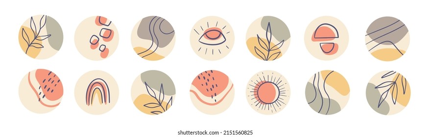 Abstract Boho story Highlight cover. Organic Social media stories round icons, art design for blog. Vector illustration