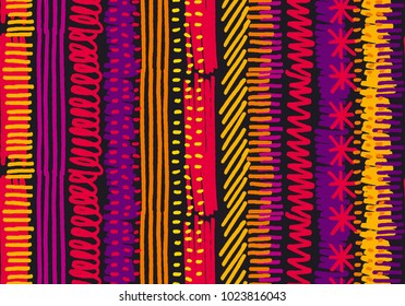 Abstract boho stripe seamless pattern. Geometric reputable motif in fun bright tropical summer color. For fabric, background, wrapping paper, wallpaper, decor. Stock vector illustration. 
