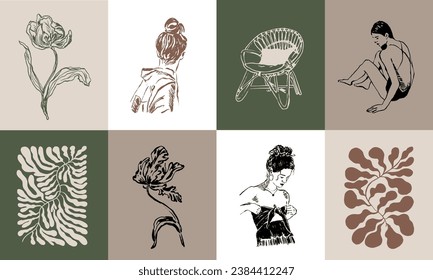 Abstract boho style botanical vector art print illustration set for wall art gallery, wallpaper, banner, social media, branding