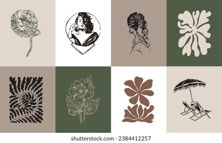 Abstract boho style botanical vector art print illustration set for wall art gallery, wallpaper, banner, social media, branding