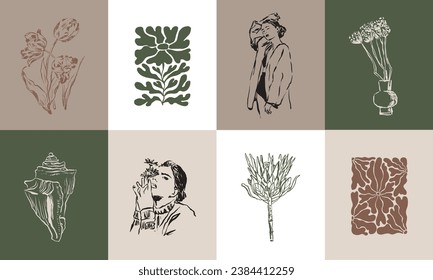 Abstract boho style botanical vector art print illustration set for wall art gallery, wallpaper, banner, social media, branding