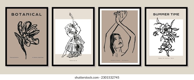 Abstract boho style flowers and female silhouettes vector illustration collection