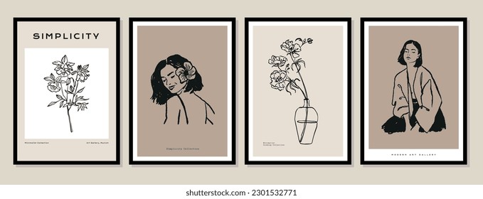 Resumen de flores de estilo boho y colección de ilustraciones vectoriales de siluetas femeninas