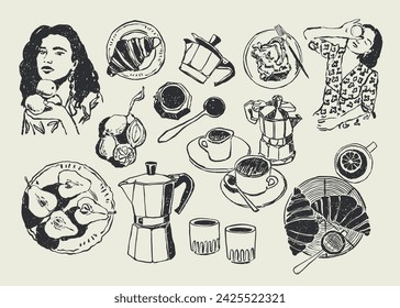 Abstract boho style food and beverages vector illustrations for your wall art gallery, logo design, wallpaper	