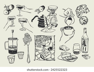 Abstract boho style food and beverages vector illustrations for your wall art gallery, logo design, wallpaper	