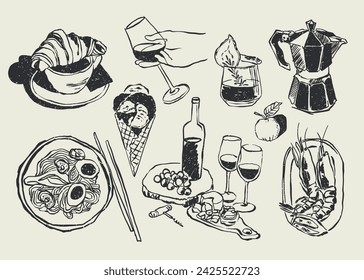 Abstract boho style food and beverages vector illustrations for your wall art gallery, logo design, wallpaper	