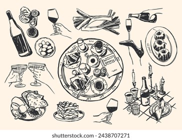 Abstract boho style food and beverages vector illustrations for your wall art gallery, logo design, wallpaper. Matisse style art collection