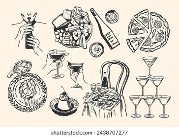 Abstract boho style food and beverages vector illustrations for your wall art gallery, logo design, wallpaper. Matisse style art collection