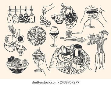 Ilustraciones abstractas del vector de la comida y de las bebidas del estilo boho para su galería de arte de la pared, diseño del logotipo, papel pintado. Colección de arte estilo Matisse