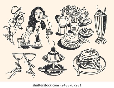 Abstract boho style food and beverages vector illustrations for your wall art gallery, logo design, wallpaper. Matisse style art collection