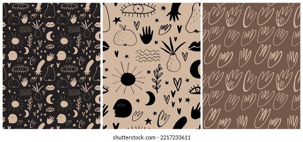 Abstract Boho Style Seamless Vector Patterns Set. Simple Hand Darwn Doodle Elements on a Black, Dark Dusty Beige and Brown Background. Funny Repeatable Print ideal for Halloween, Witch Party.