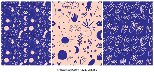 Abstract Boho Style Seamless Vector Patterns Set. Simple Hand Darwn Doodle Elements on a Royal Blue and Light Blush Pink Background. Funny Repeatable Print ideal for Halloween, Witch Party.