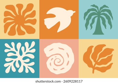 Abstract Boho Summer Beach Vector Icon Set. Groovy Retro Organic Sea Silhouette for Contemporary Logo, Print. Boho Hand Drawn Coastal Design in Naive Style. Irregular Cutout Ocean Shape Modern Poster.