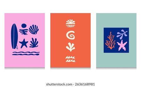 Ensemble d'icônes Abstrait Boho Summer Beach Image vectorielle. Silhouette de mer biologique rétro Groovy pour logo contemporain, impression.